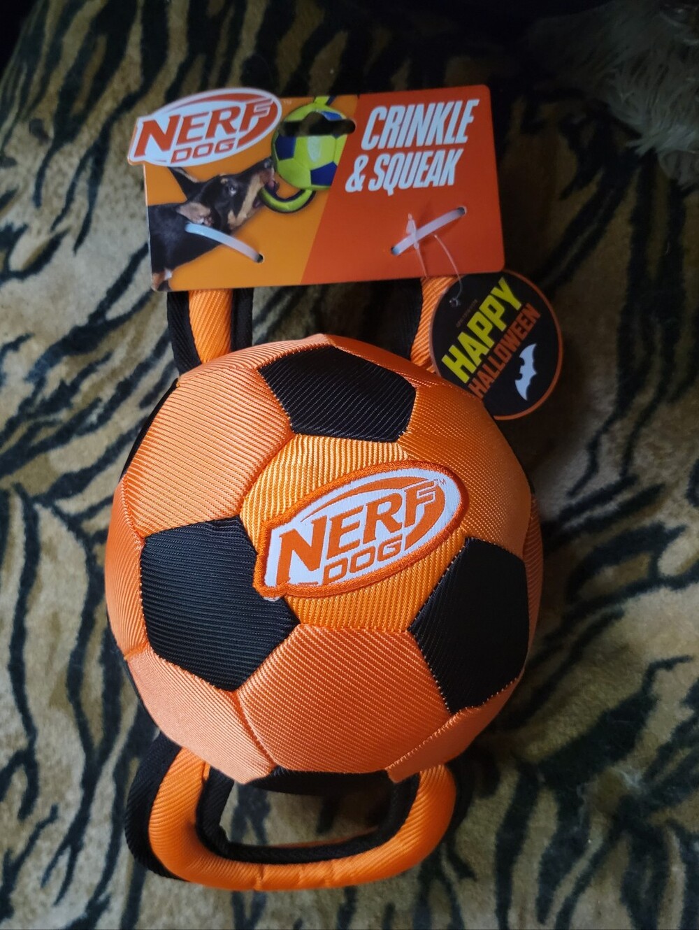 Nerf Dog Orange & Black Crinkle & Squeak Soccer Toy Large Xlarge Ea.